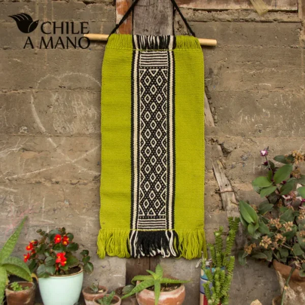 Green Mapuche Wall Tapestry with Traditional Iconography